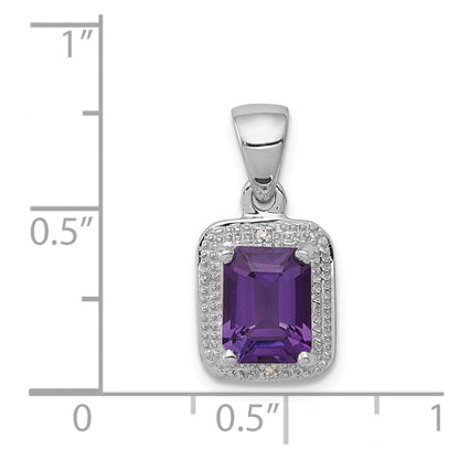 Sterling Silver Rhodium Emerald-cut Amethyst & Diamond Pendant