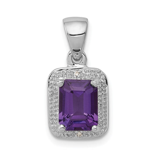 Sterling Silver Rhodium Emerald-cut Amethyst & Diamond Pendant