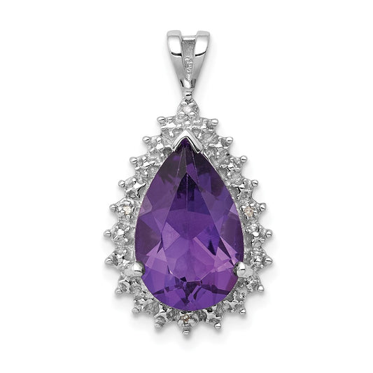 Sterling Silver Rhodium Amethyst & Diamond Pear Pendant