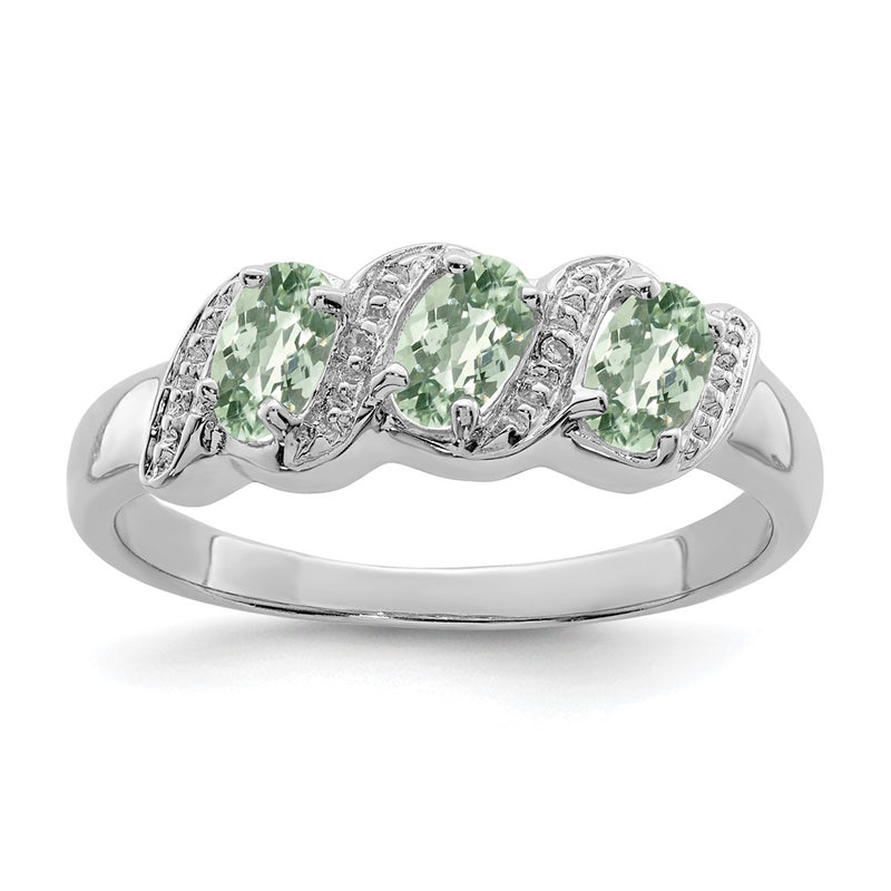 Sterling Silver Rhodium Green Quartz & Diamond Ring