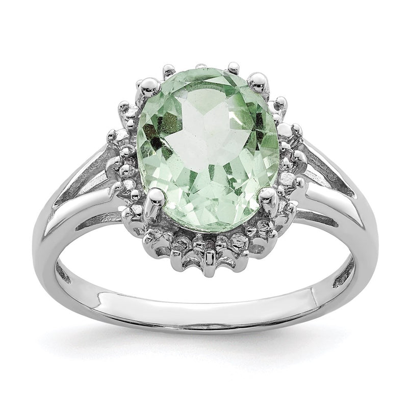 Sterling Silver Rhodium Green Quartz & Diamond Ring