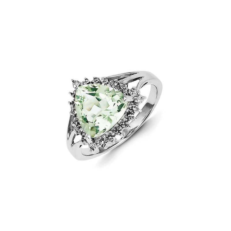 Sterling Silver Rhodium Trillion Green Quartz & Diamond Ring