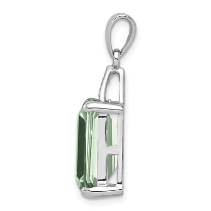 Sterling Silver Rhodium Emerald-cut Green Quartz & Diamond Pendant