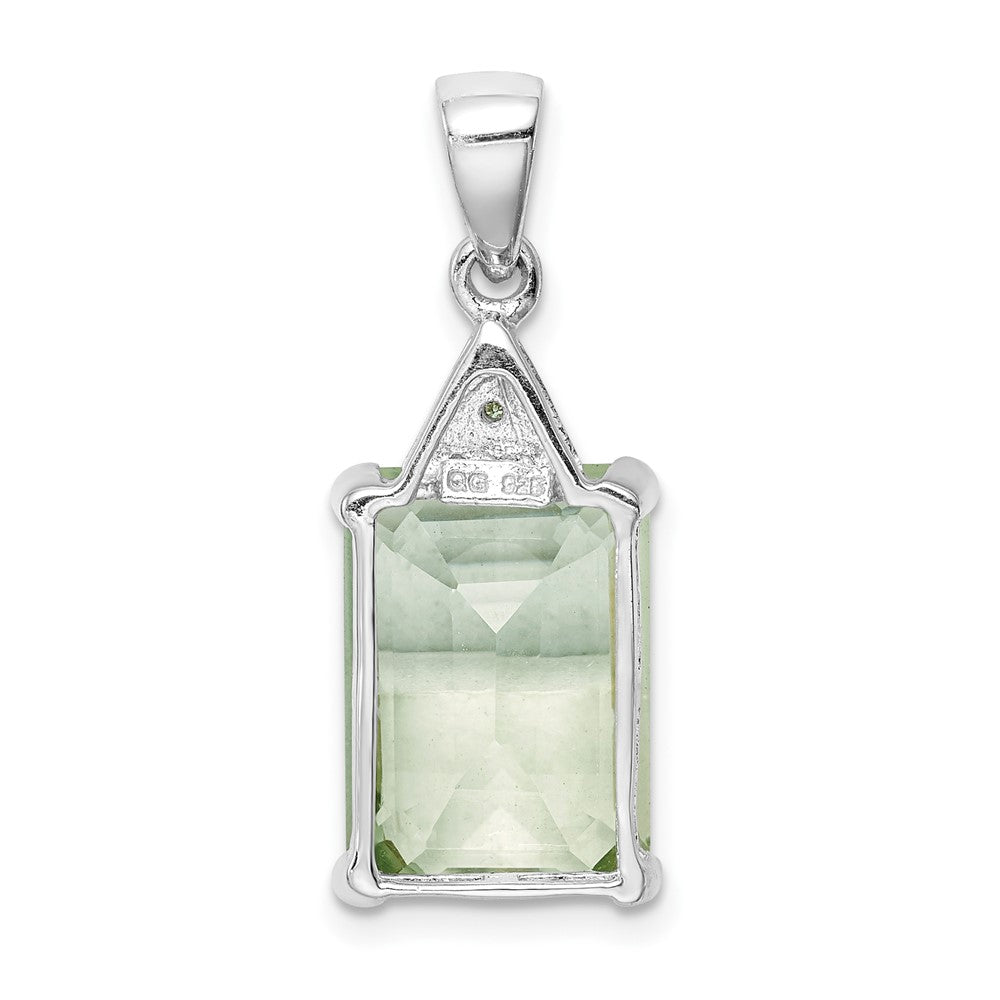 Sterling Silver Rhodium Emerald-cut Green Quartz & Diamond Pendant