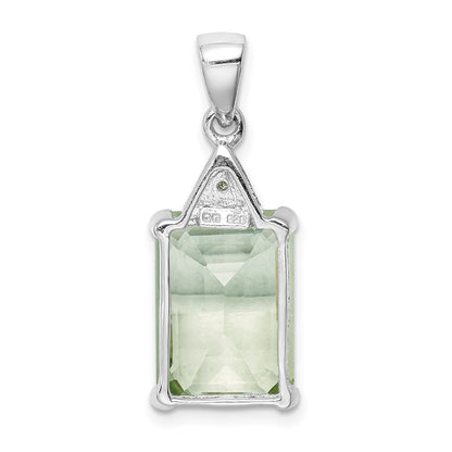 Sterling Silver Rhodium Emerald-cut Green Quartz & Diamond Pendant