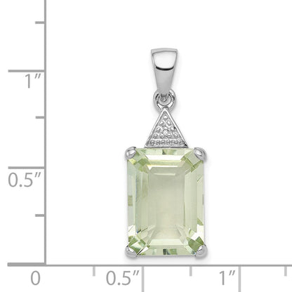 Sterling Silver Rhodium Emerald-cut Green Quartz & Diamond Pendant