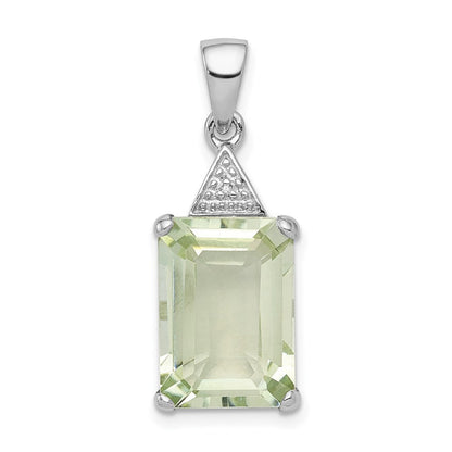 Sterling Silver Rhodium Emerald-cut Green Quartz & Diamond Pendant