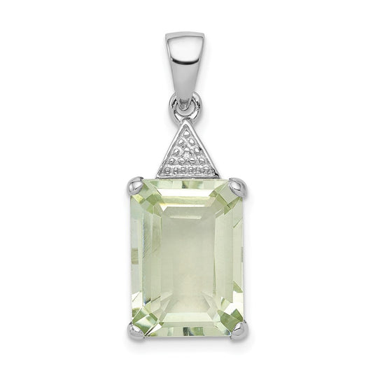 Sterling Silver Rhodium Emerald-cut Green Quartz & Diamond Pendant
