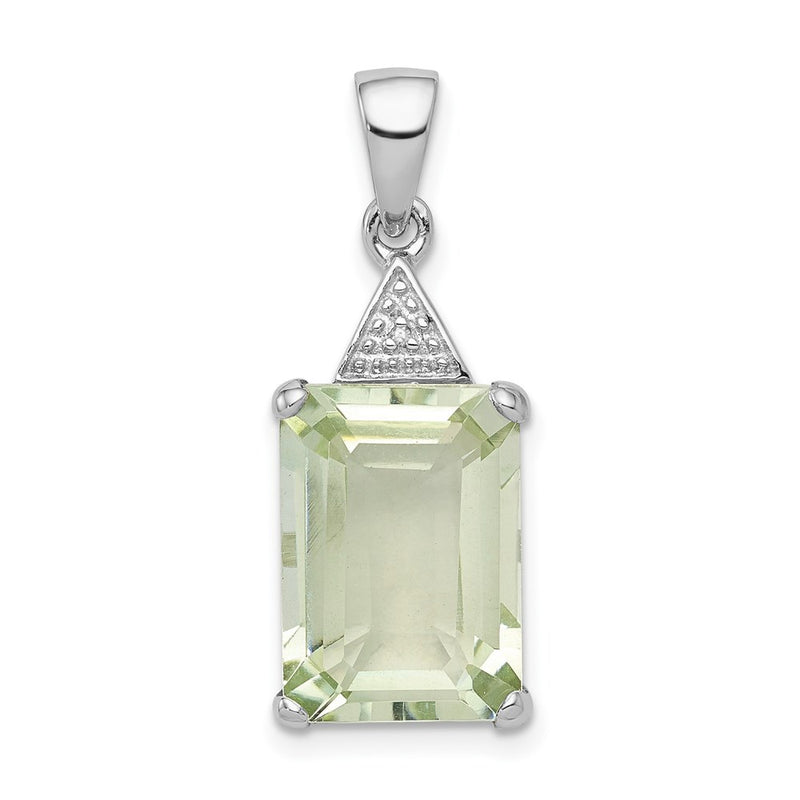 Sterling Silver Rhodium Emerald-cut Green Quartz & Diamond Pendant