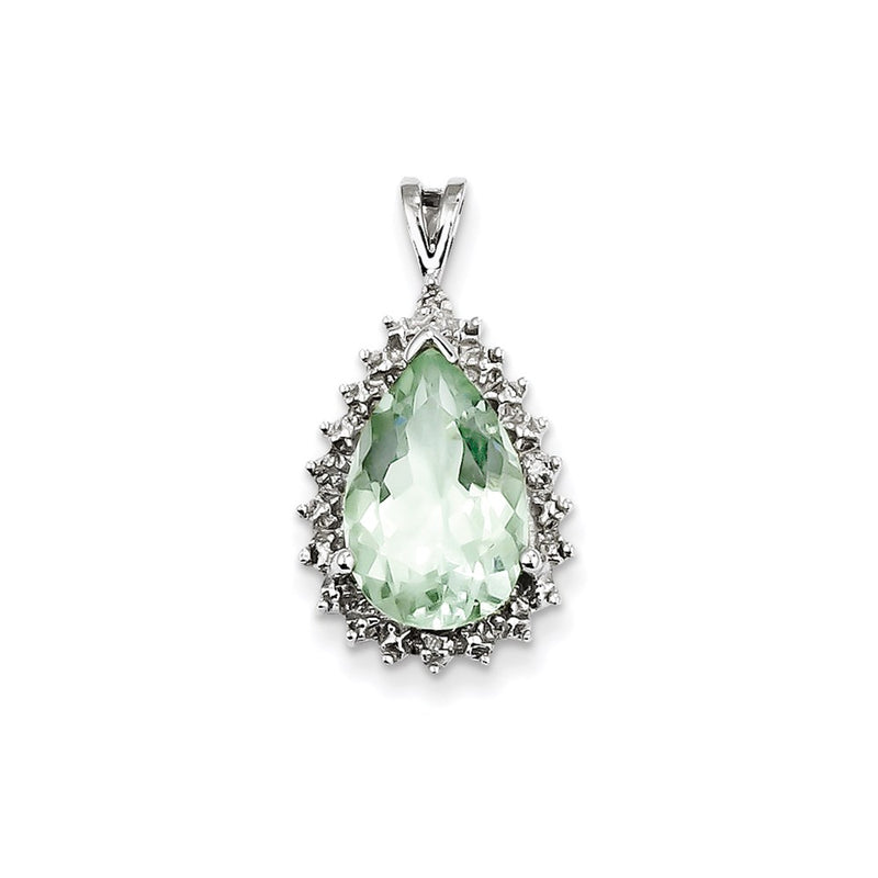 Sterling Silver Rhodium Green Quartz & Diamond Pear Pendant