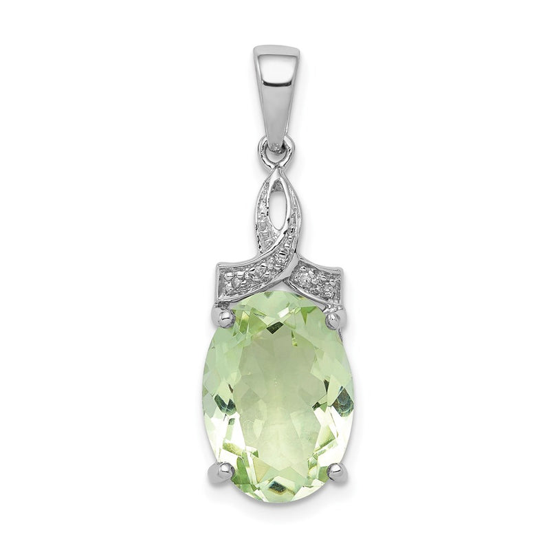 Sterling Silver Rhodium Plated Green Quartz and Diamond Pendant