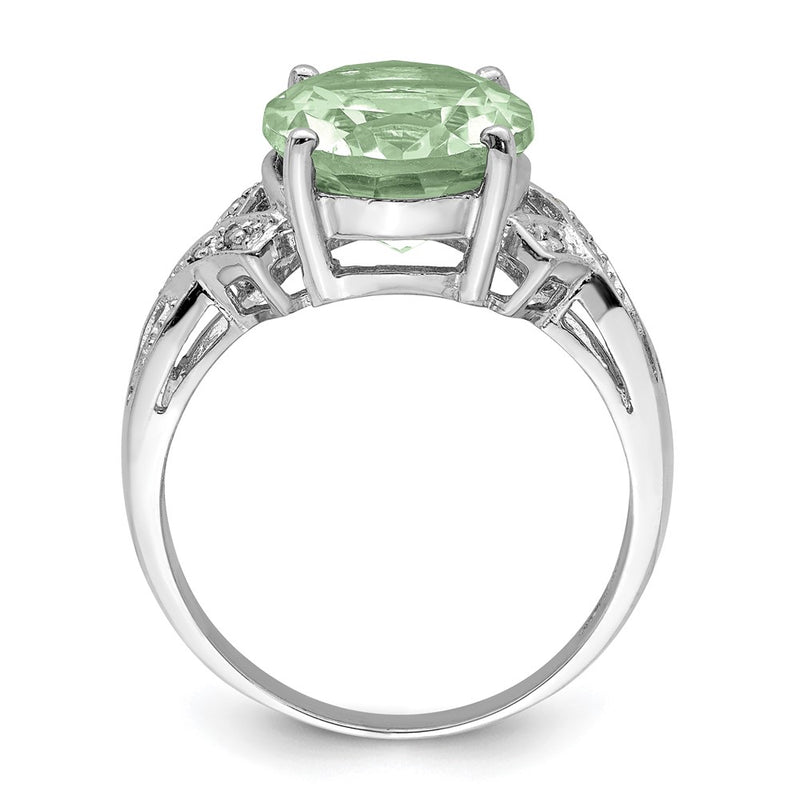Sterling Silver Rhodium Green Quartz Diamond Ring