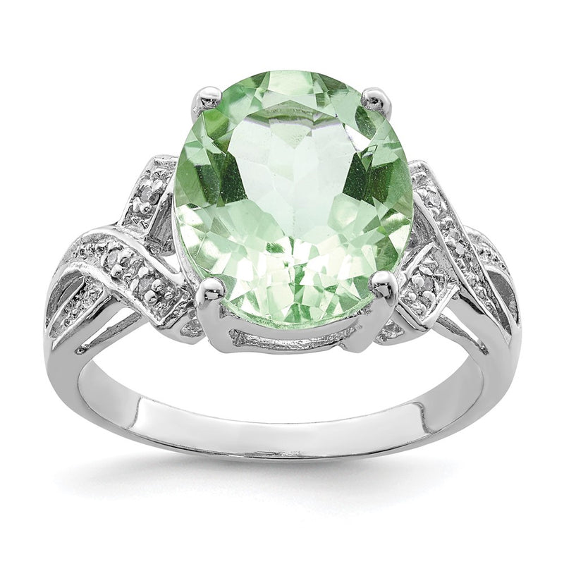 Sterling Silver Rhodium Green Quartz Diamond Ring