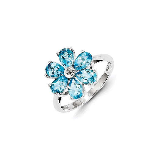 Sterling Silver Rhodium Lt Swiss Blue Topaz & Diamond Flower Ring