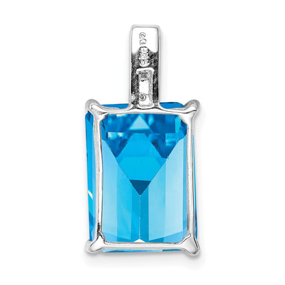 Sterling Silver Rhodium Emerald-cut Swiss Blue Topaz & Diamond Pendant