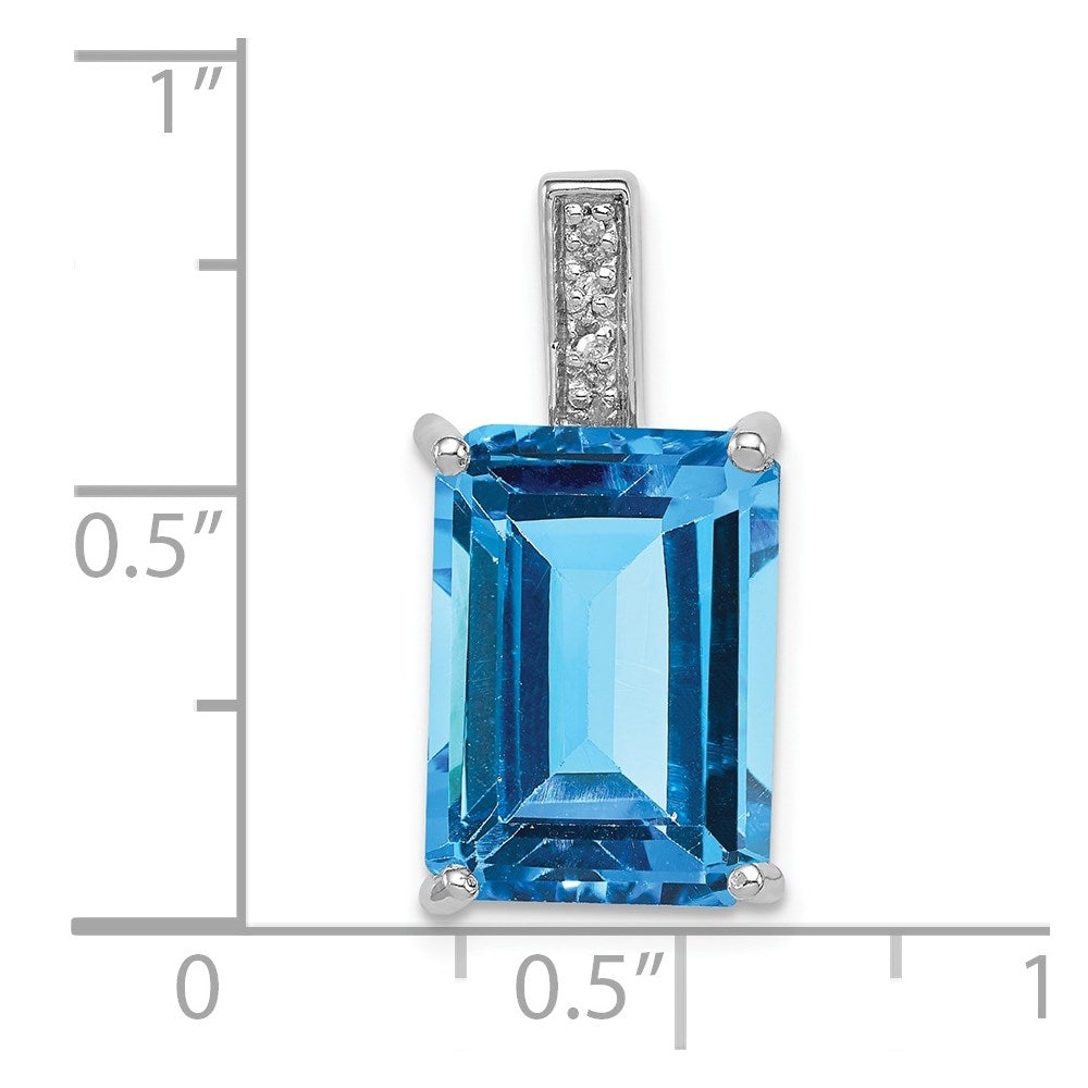 Sterling Silver Rhodium Emerald-cut Swiss Blue Topaz & Diamond Pendant
