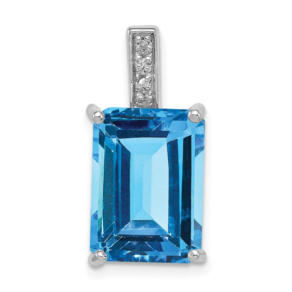 Sterling Silver Rhodium Emerald-cut Swiss Blue Topaz & Diamond Pendant