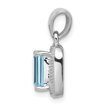 Sterling Silver Rhodium Emerald-cut Lt Sw Blue Topaz & Diamond Pendant