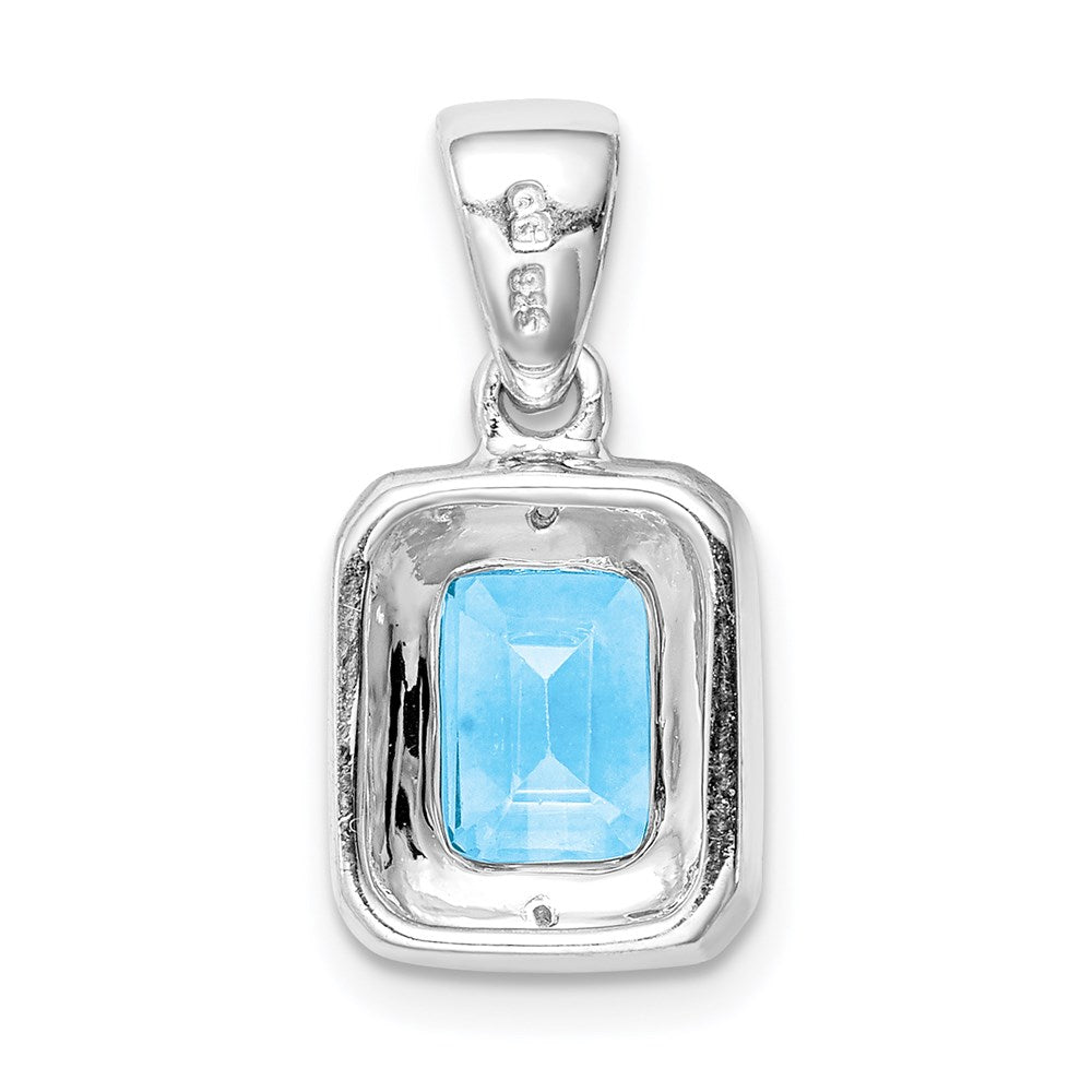 Sterling Silver Rhodium Emerald-cut Lt Sw Blue Topaz & Diamond Pendant