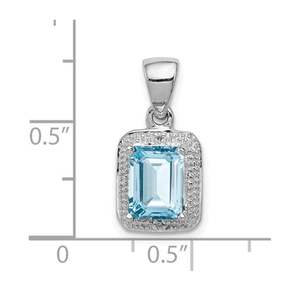 Sterling Silver Rhodium Emerald-cut Lt Sw Blue Topaz & Diamond Pendant