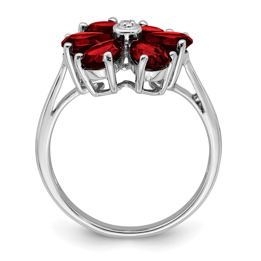 Sterling Silver Rhodium Garnet & Diamond Flower Ring