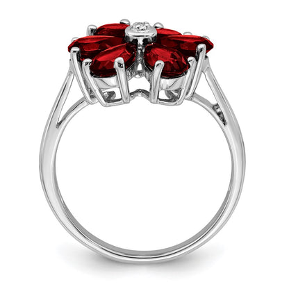 Sterling Silver Rhodium Garnet & Diamond Flower Ring
