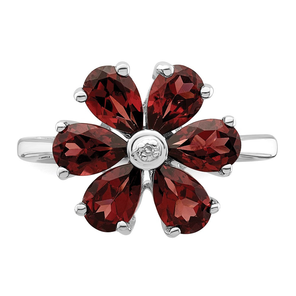 Sterling Silver Rhodium Garnet & Diamond Flower Ring