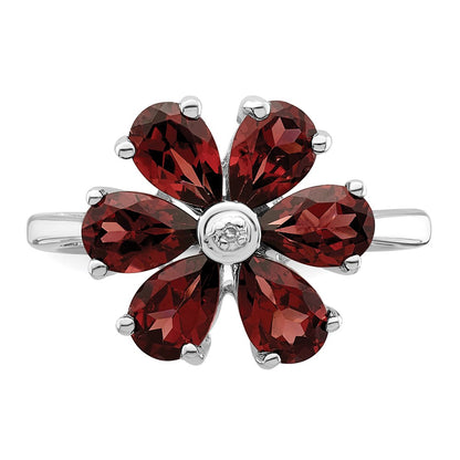 Sterling Silver Rhodium Garnet & Diamond Flower Ring