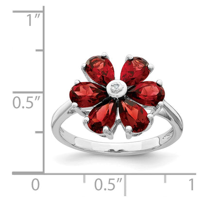 Sterling Silver Rhodium Garnet & Diamond Flower Ring