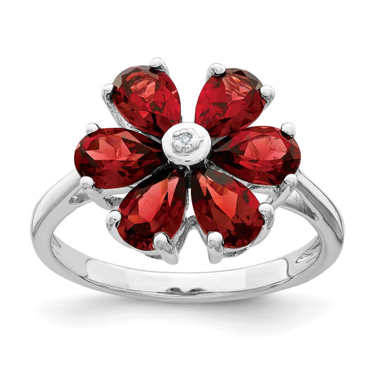 Sterling Silver Rhodium Garnet & Diamond Flower Ring