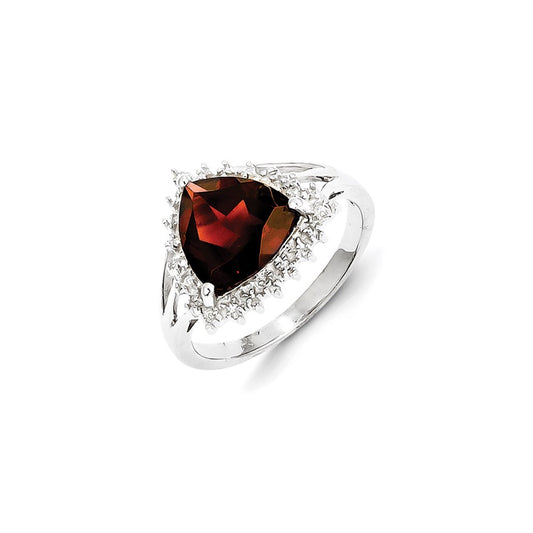 Sterling Silver Rhodium Trillion Garnet & Diamond Ring