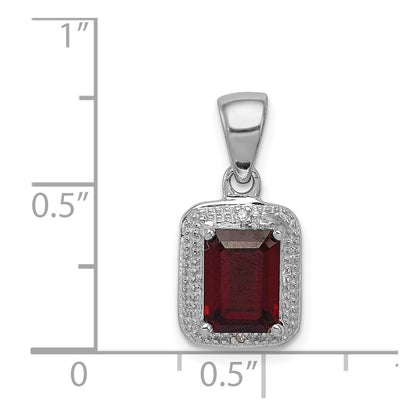 Sterling Silver Rhodium Emerald-cut Garnet & Diamond Pendant