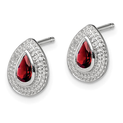 Sterling Silver Rhodium Garnet & Diamond Post Earrings