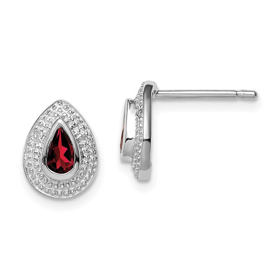 Sterling Silver Rhodium Garnet & Diamond Post Earrings