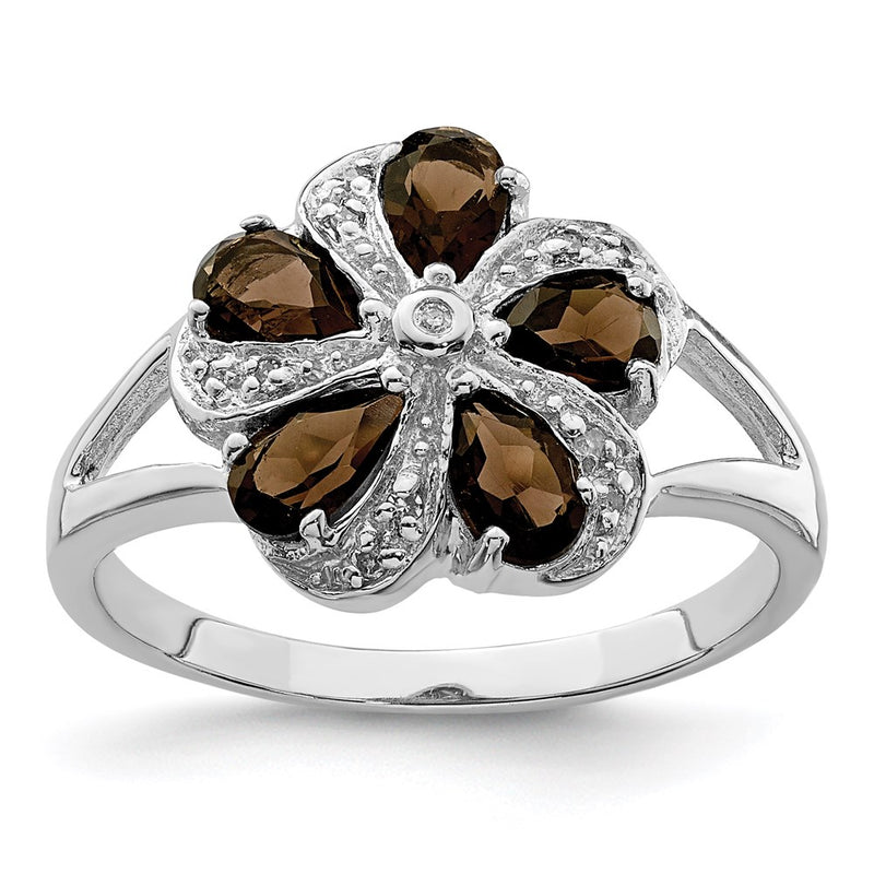 Sterling Silver Rhodium Smoky Quartz Diamond Ring