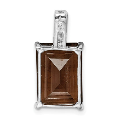 Sterling Silver Rhodium Emerald-cut Smoky Quartz & Diamond Pendant