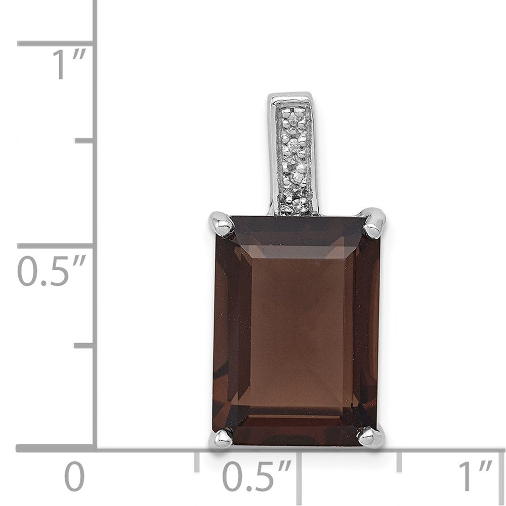 Sterling Silver Rhodium Emerald-cut Smoky Quartz & Diamond Pendant