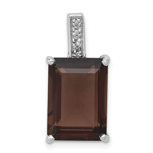 Sterling Silver Rhodium Emerald-cut Smoky Quartz & Diamond Pendant