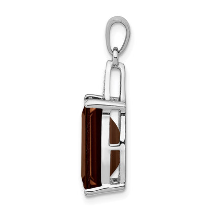 Sterling Silver Rhodium Emerald-cut Smoky Quartz & Diamond Pendant