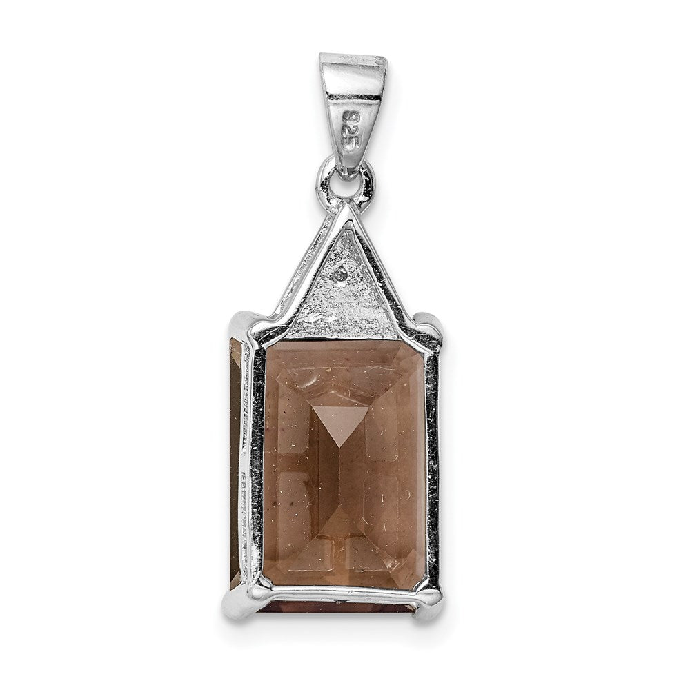 Sterling Silver Rhodium Emerald-cut Smoky Quartz & Diamond Pendant
