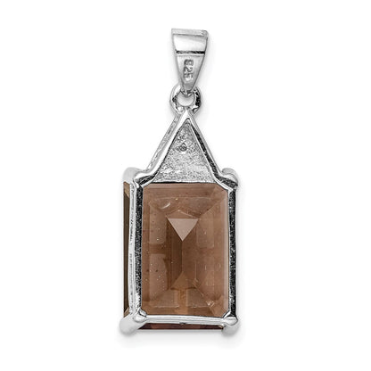 Sterling Silver Rhodium Emerald-cut Smoky Quartz & Diamond Pendant