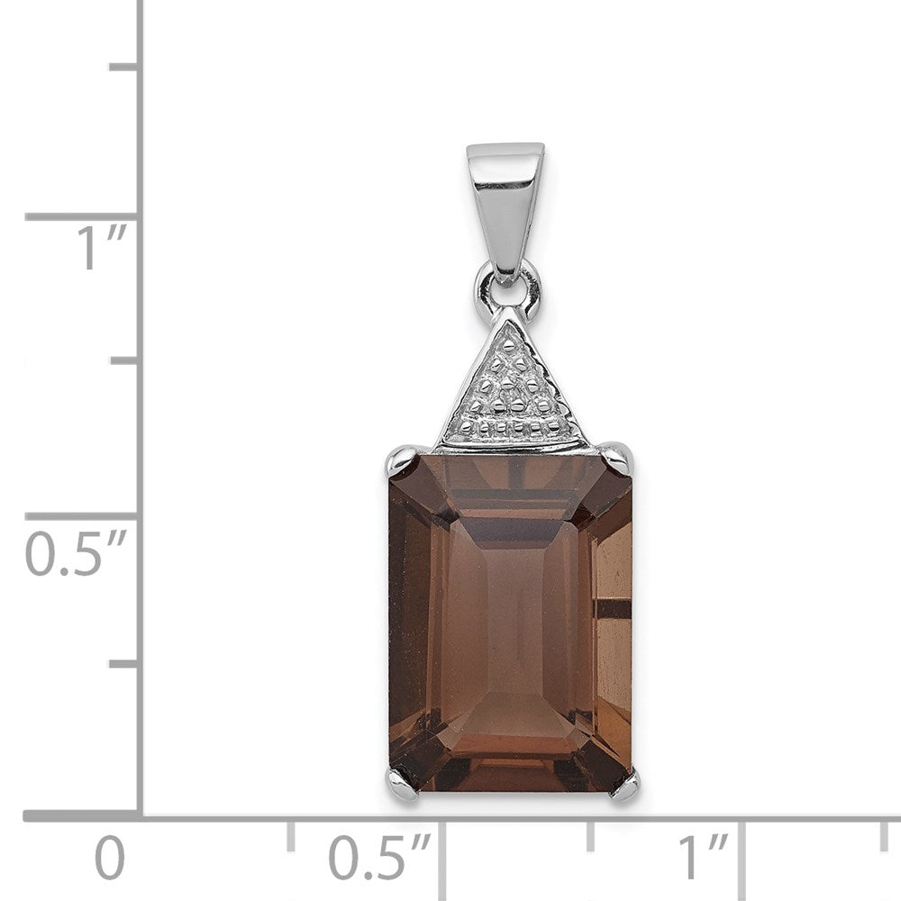 Sterling Silver Rhodium Emerald-cut Smoky Quartz & Diamond Pendant