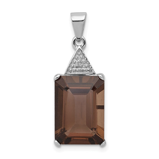Sterling Silver Rhodium Emerald-cut Smoky Quartz & Diamond Pendant