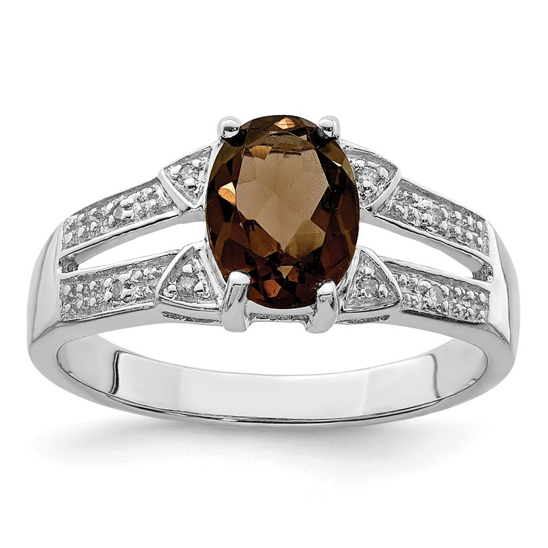 Sterling Silver Rhodium Smoky Quartz & Diamond Ring