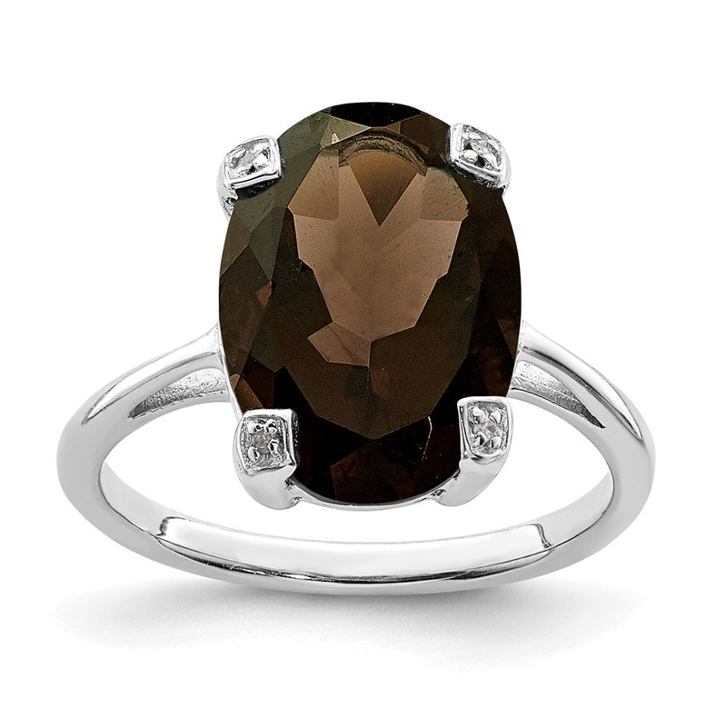 Sterling Silver Rhodium Smoky Quartz & Diamond Ring