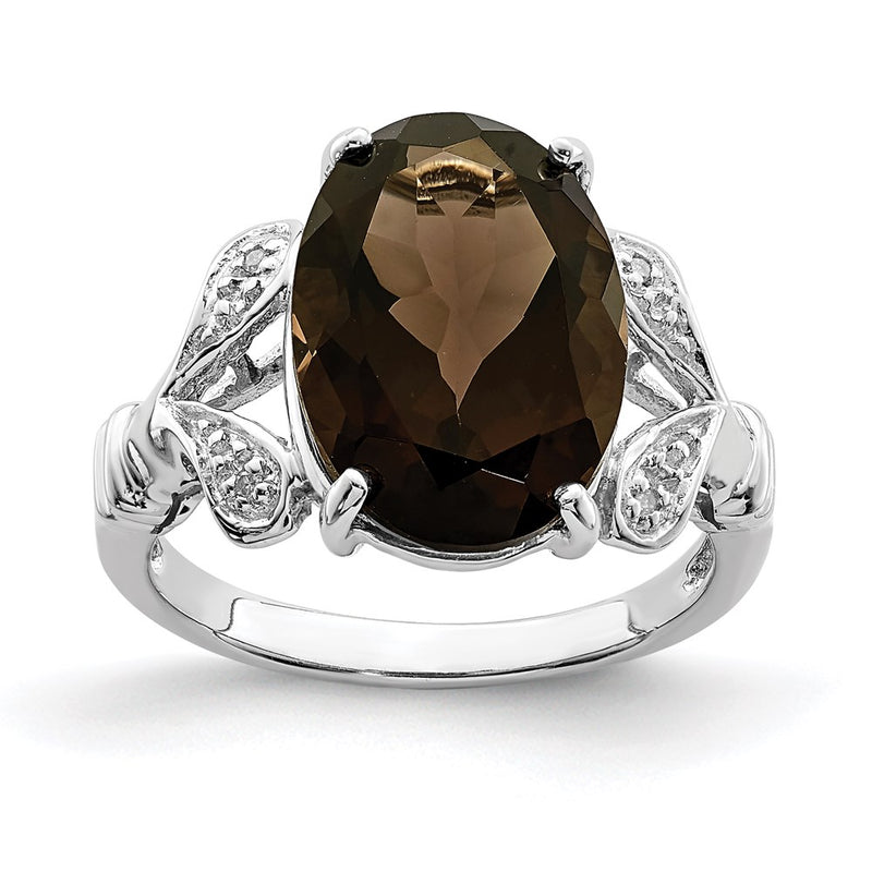 Sterling Silver Rhodium Smoky Quartz & Diamond Ring