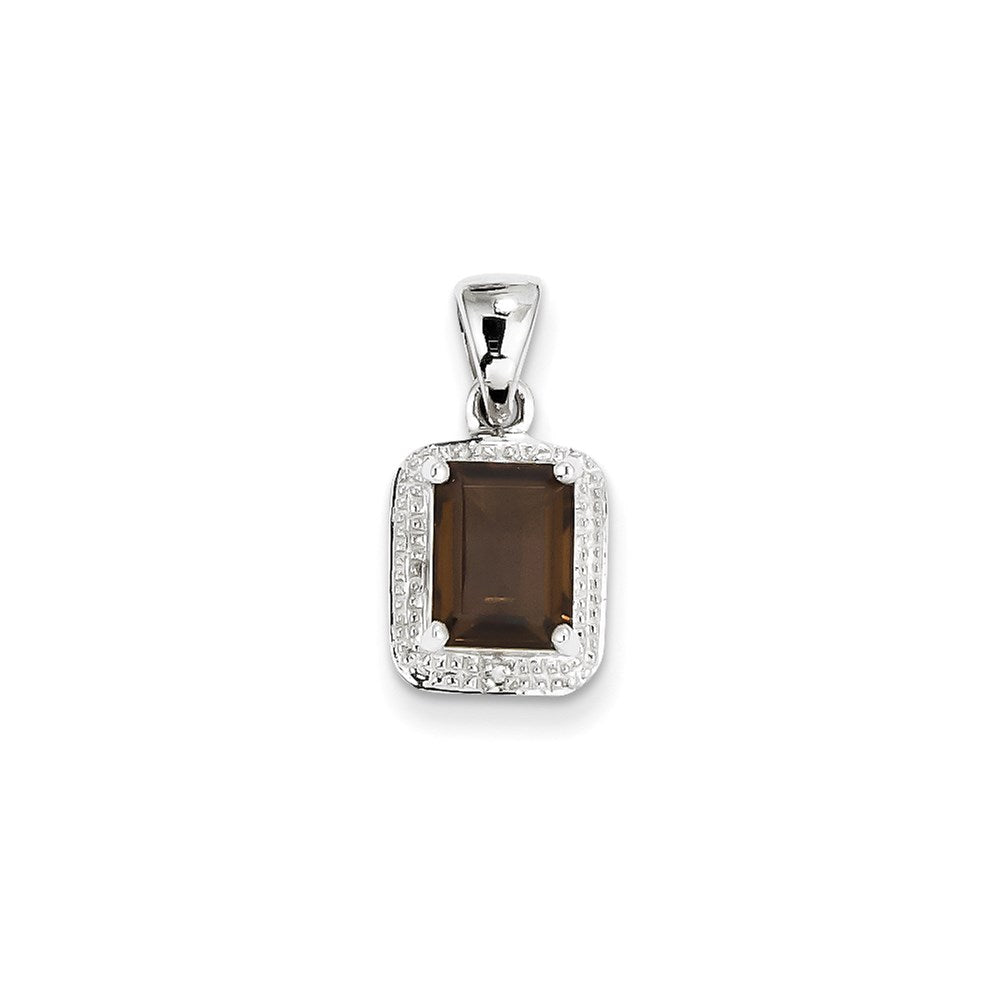 Sterling Silver Rhodium Emerald-cut Smoky Qtz & Diamond Pendant