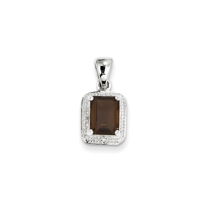Sterling Silver Rhodium Emerald-cut Smoky Qtz & Diamond Pendant
