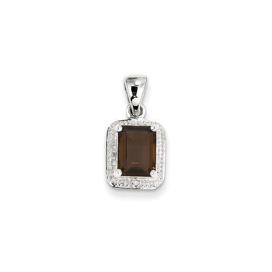 Sterling Silver Rhodium Emerald-cut Smoky Qtz & Diamond Pendant