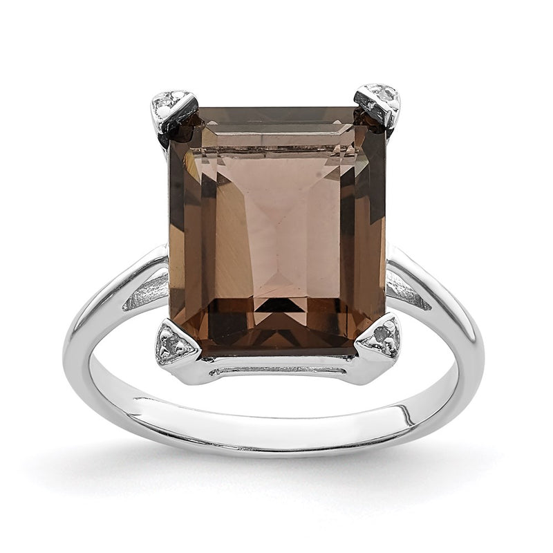 Sterling Silver Rhodium Smoky Quartz Diamond Ring